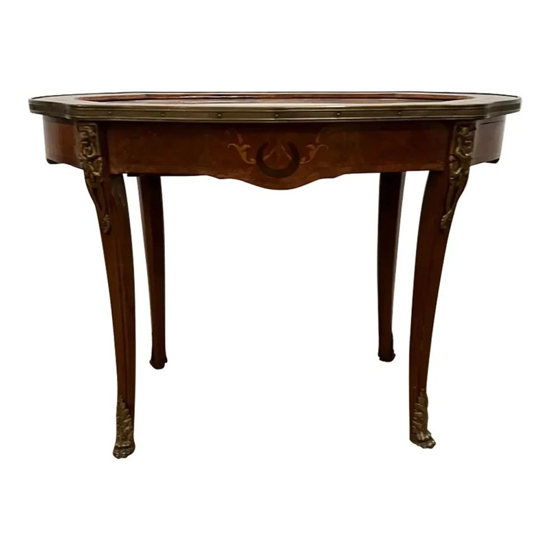 Vintage French Inlaid Coffee Table with Marble Top