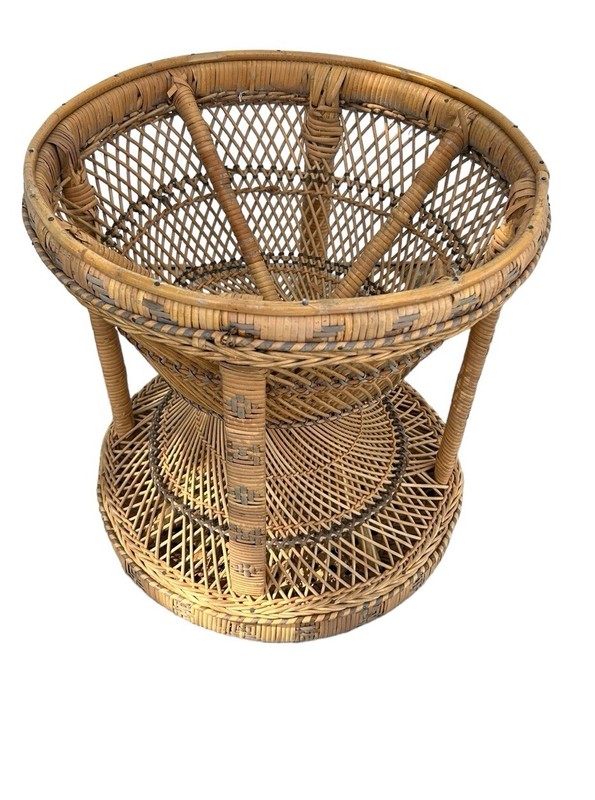 Vintage Emmanuelle Rattan Side Table Wicker Stool Peacock Ottoman Rare 1970s gallery