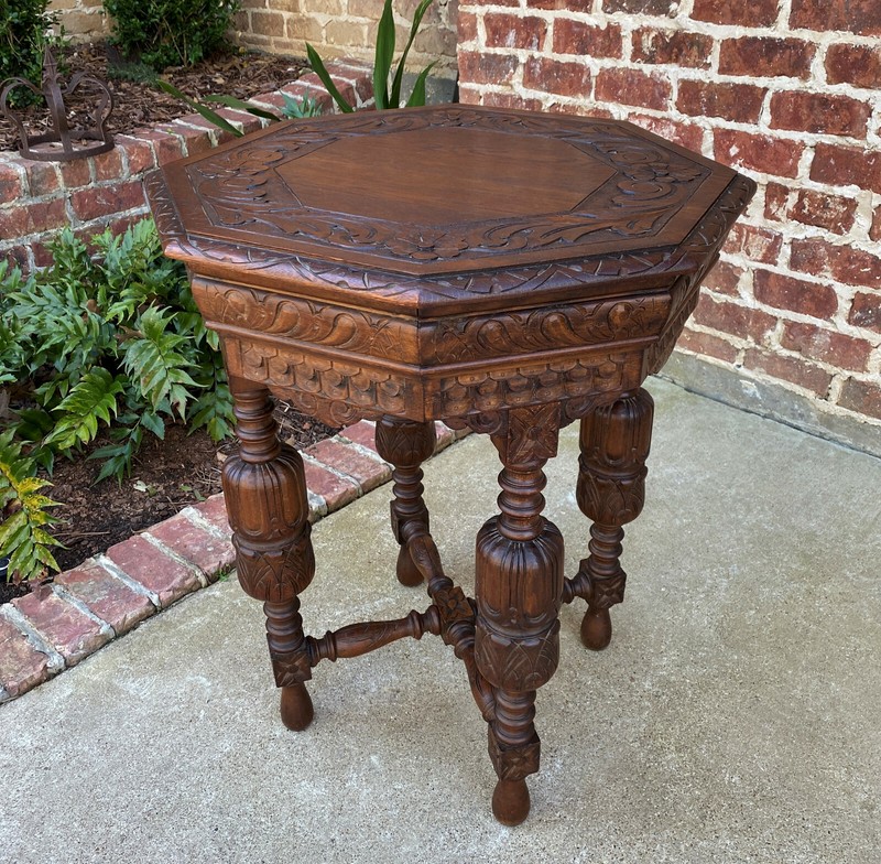 Antique French Octagonal Table Renaissance Revival Carved Oak 19th C gallery