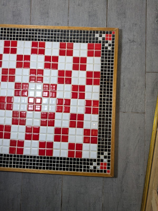 Vintage Ceramic Tile Mosaic Table Top Panel Wall Art Chess Geometric Wood Frame gallery
