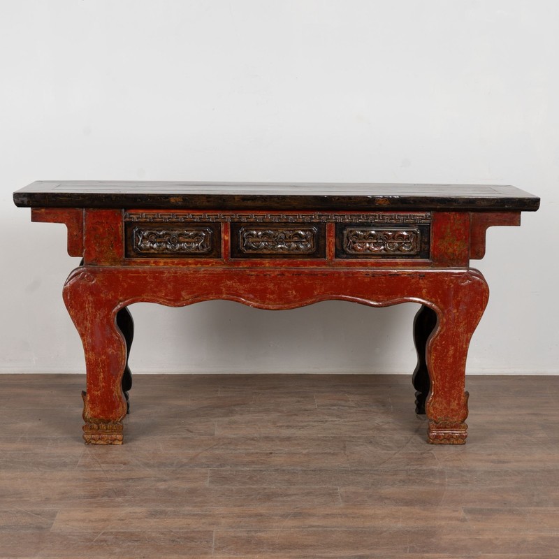 19th Century Chinese Red Altar Console Table with Carved Drawers gallery
