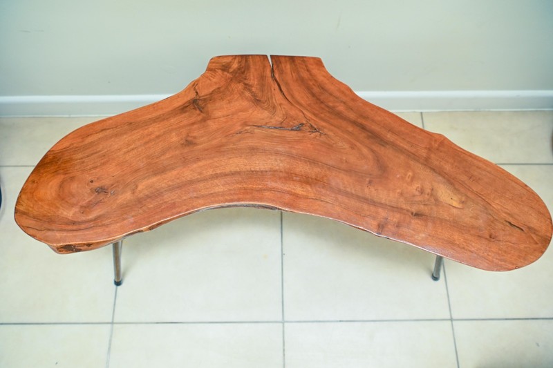 Mid-Century Freeform Live-Edge Tripod Coffee Table in the Manner of Carl Auböck, gallery