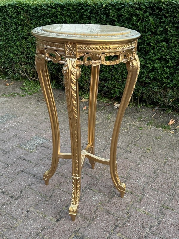Side Table French Louis XVI 1970s Gold Gilt Beech Marble Round