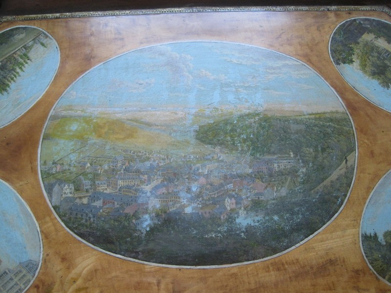 Antique Table Walnut Five Hand Painted Scenes with Glass Top 1840's gallery
