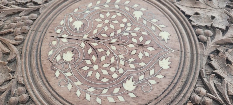 ANTIQUE intricately carved Anglo-Indian wooden side table with inlaid details gallery