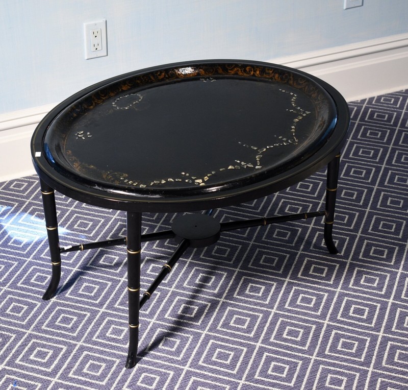 Antique Inlaid Oval Papier Mâché Tray On Stand