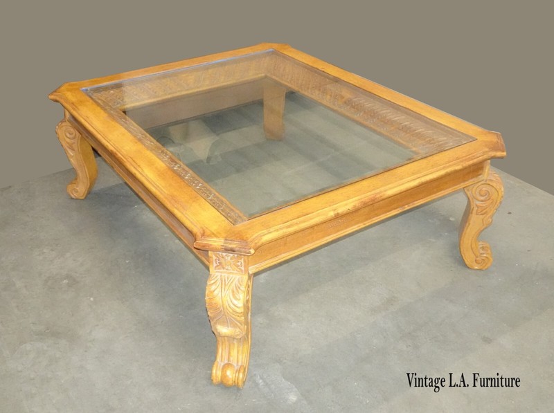 Vintage Golden Brown Coffee Table Cocktail Table w Beveled Glass Top ~ Cravings