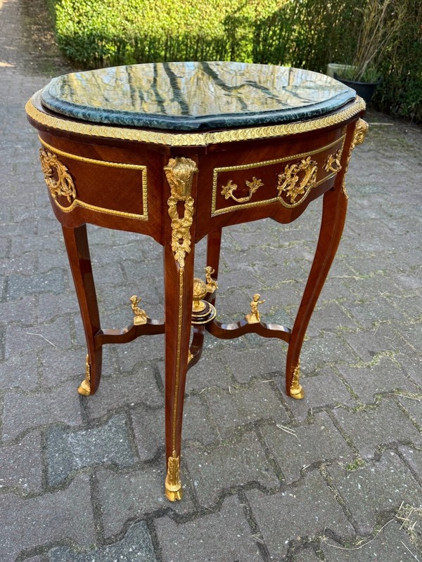 Table Mahogany Oval Louis XVI Green Marble Bronze French 1960s Centerpiece