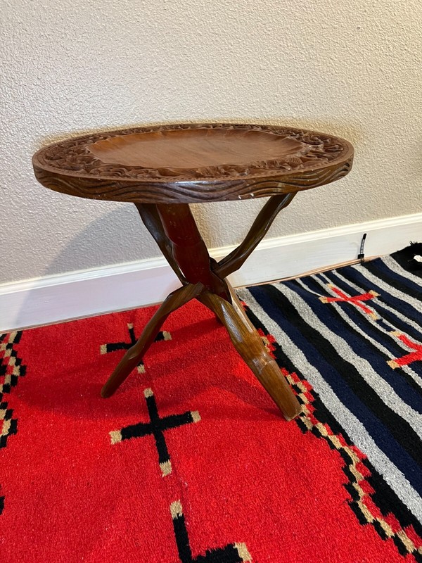 Vintage Wood Carved Side Table with Folding Legs gallery