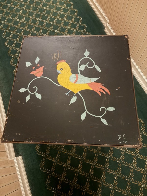 Vintage MCM 1960s Mid Century Square Folding Wood Card Table Handpainted Top