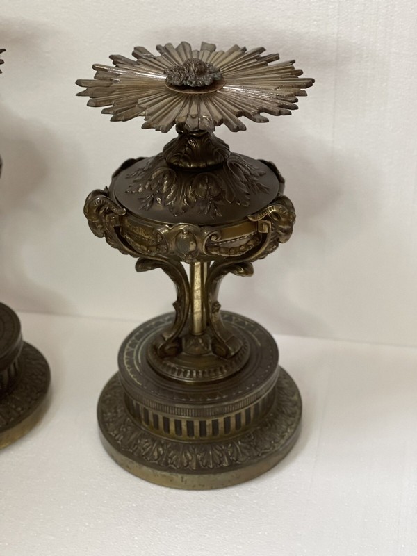 PAIR French Antique Bronze Spelter Rams Starburst Sunburst Pedestal Lamp Table gallery