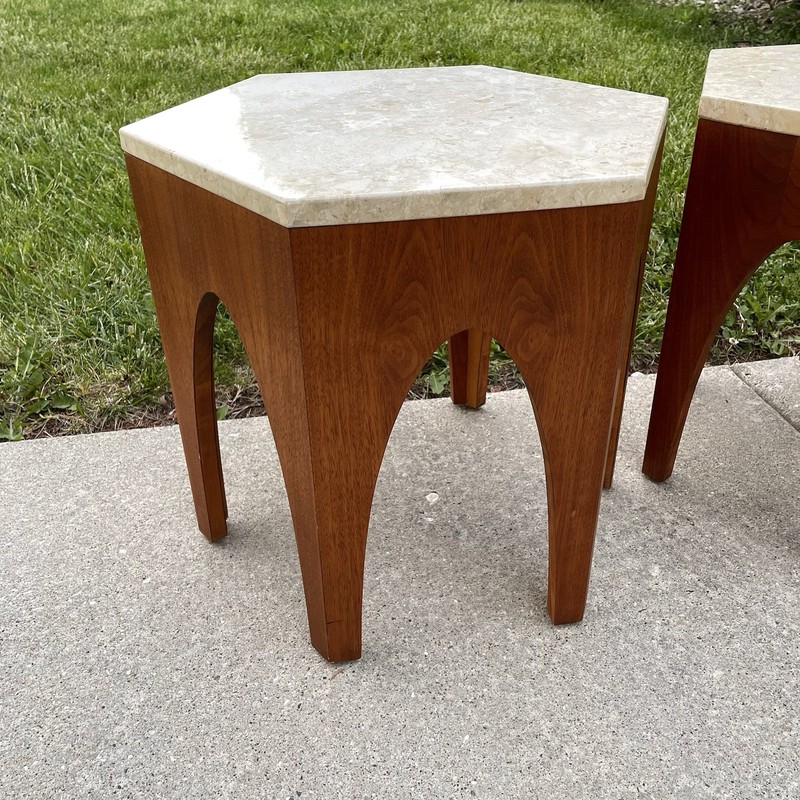VINTAGE Harvey Probber Hexagon Travertine Marble Side Tables Pair Mid Century gallery