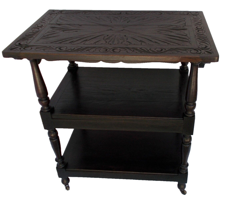 Antique wood Italian Renaissance rolling Butler serving cart table tray