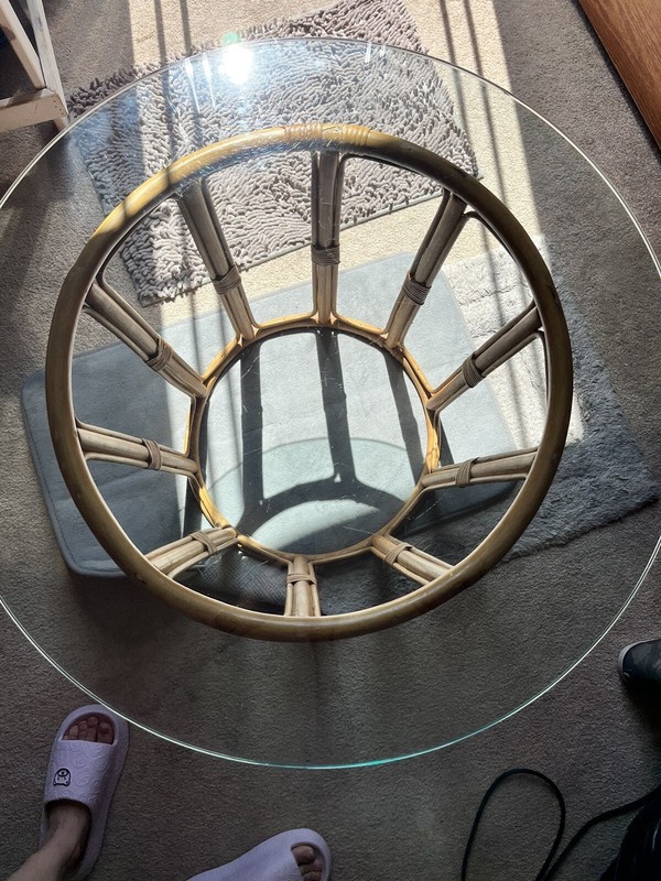 Vintage Glass Top Dining Table with Rattan Pedestal Base