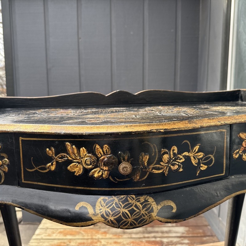 Chinoiserie Hand Painted Table W/Guilt & Ebonized Finish & A Robert Holman Print gallery