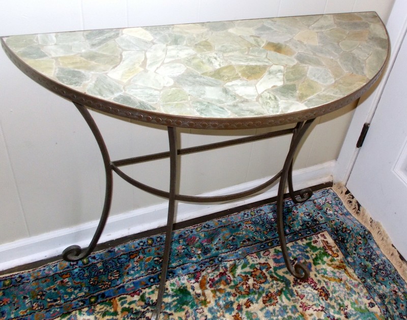 Vtg ROCK STONE MOSAIC CONSOLE Accent TABLE Demi Lune Wrought Iron Villa Garden gallery