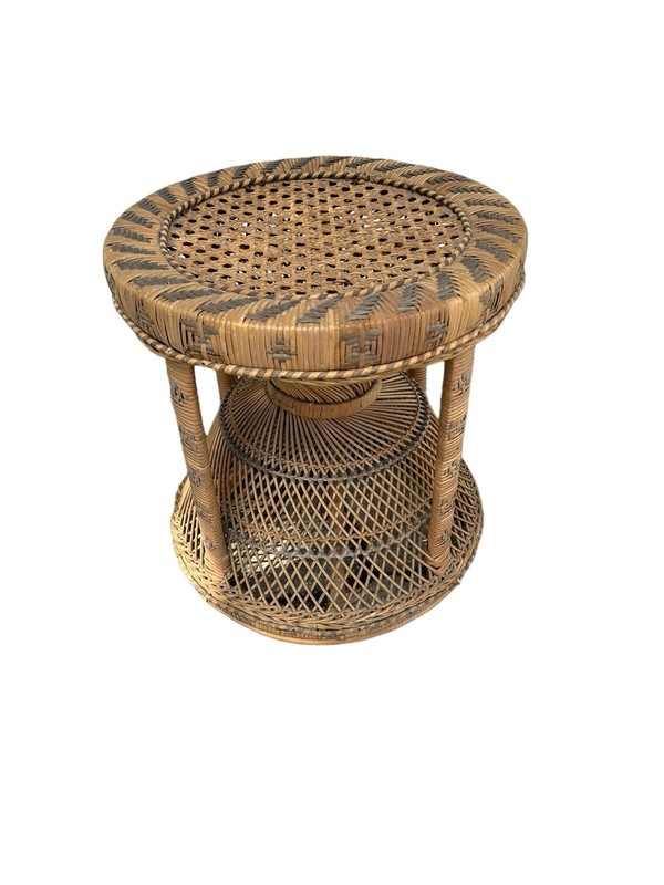 Vintage Emmanuelle Rattan Side Table Wicker Stool Peacock Ottoman Rare 1970s gallery
