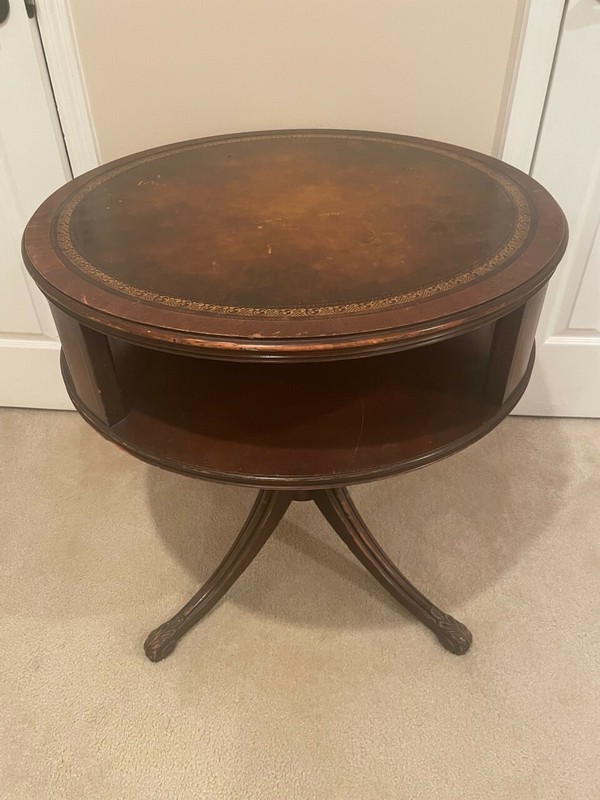 Weiman, Inlaid Leather Round Drum Coffee Table 28" Wide 28" Tall 