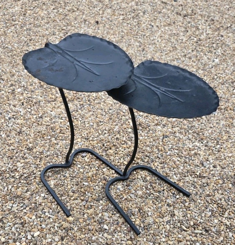 2 Salterini Wrought Iron Leaf Lily Pad Outdoor Patio Nest Side End Table Vtg Mcm