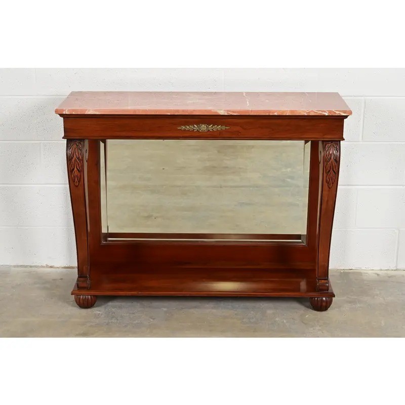 Ethan Allen French Empire Carved Cherry Wood Marble Top Console Table gallery