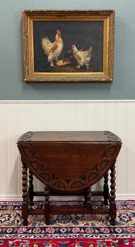 Antique English Table Drop Leaf Gateleg CARVED TOP Barley Twist Oak c. 1920-30s gallery