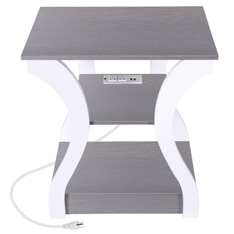 Side End Table Nightstand for Bedroom with Charging Station & 3 Shelf Grey+White gallery