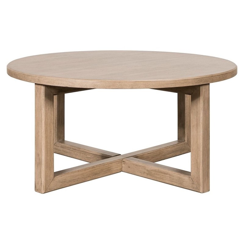Living Room Round Cocktail Table Center Trestle – Barley Buff Birch Wood