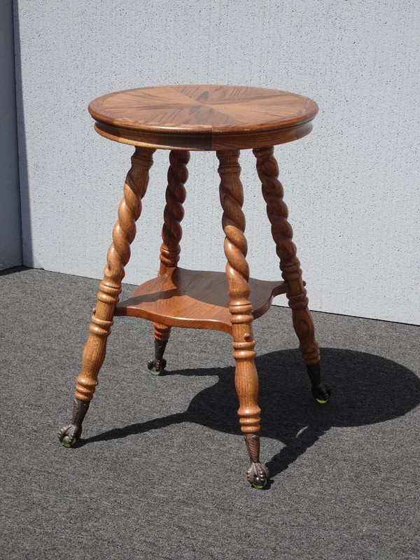 Vintage French Country Oak Barley Twist Side Table 28"H Brass Ball & Claw Feet gallery