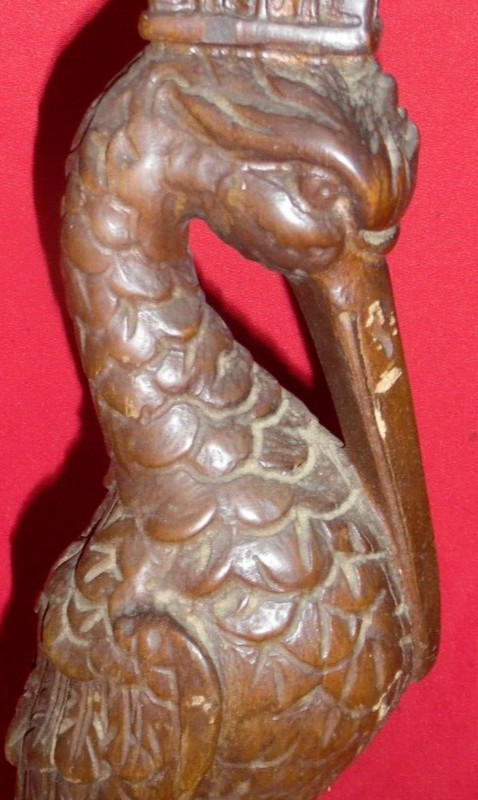 Antique Carved Wood Table / Stand Pedestal Base w/ Pelican Bird & Fish - 25" gallery