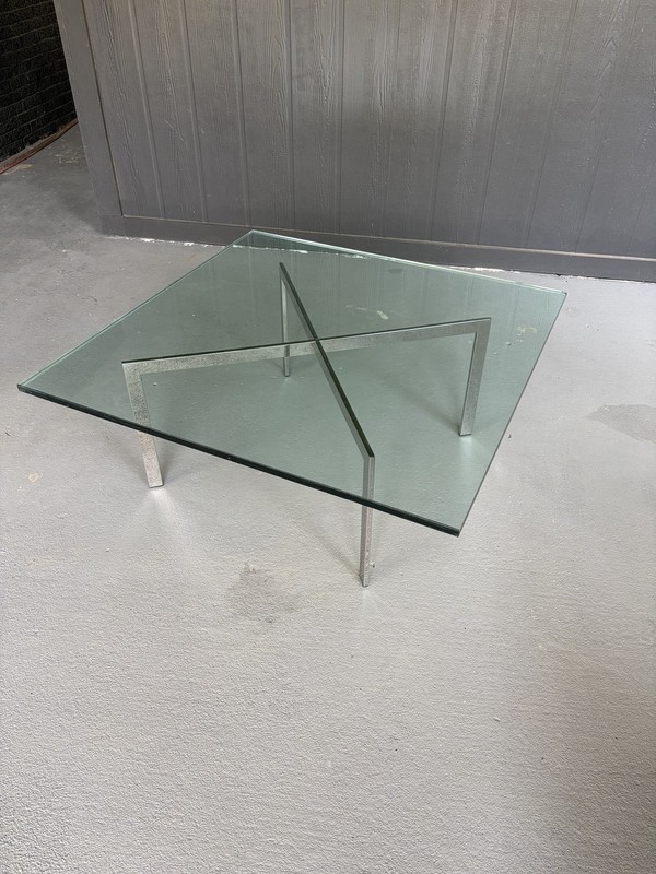 Mid Century Barcelona Style Coffee Table Chrome X-Base Square Glass 40"
