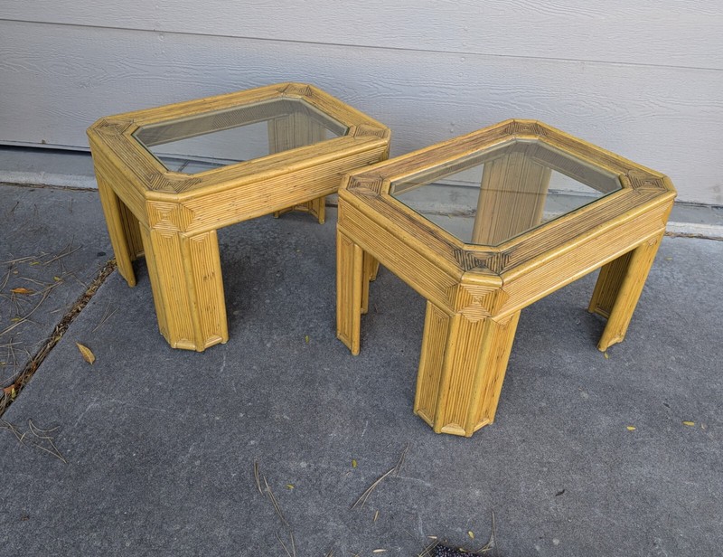 Vintage Pair of Boho Chic Bamboo Rattan Pencil Reed Tables Mid Century Modern gallery