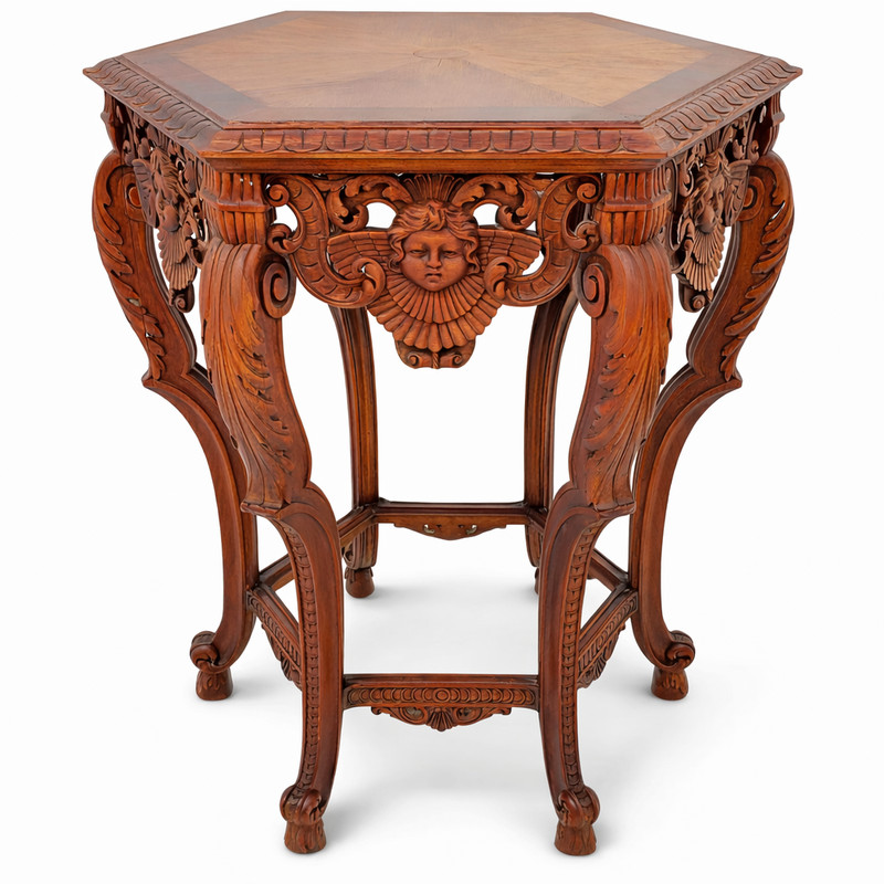 Angel / Cherub Carved French Burl Walnut Hexagon Side Lamp Accent Table 1920’s