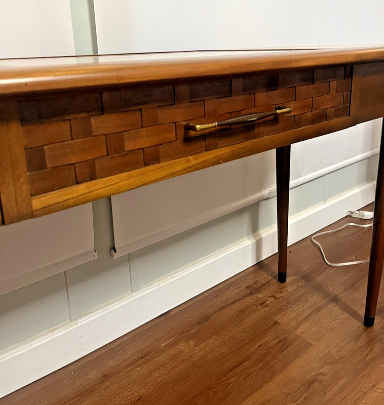 Lane Perception entrytable/sofa table MCM-walnut and travertine. Rare piece gallery