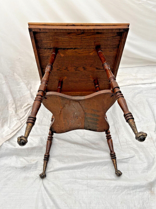 Antique Victorian Table bottom shelf Oak Carved legs Glass Ball Claw feet gallery