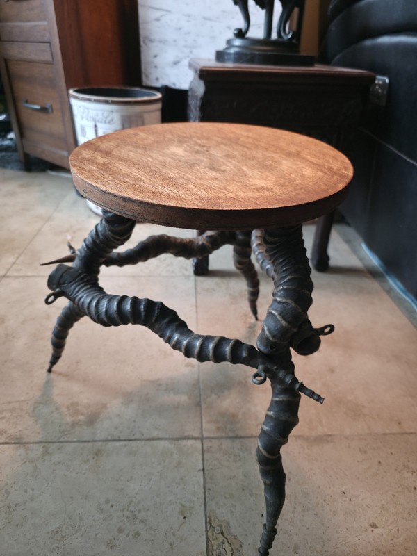 Vintage African Kudu Horn/Antler Rustic Round Side Accent Table / Stool - 18" gallery
