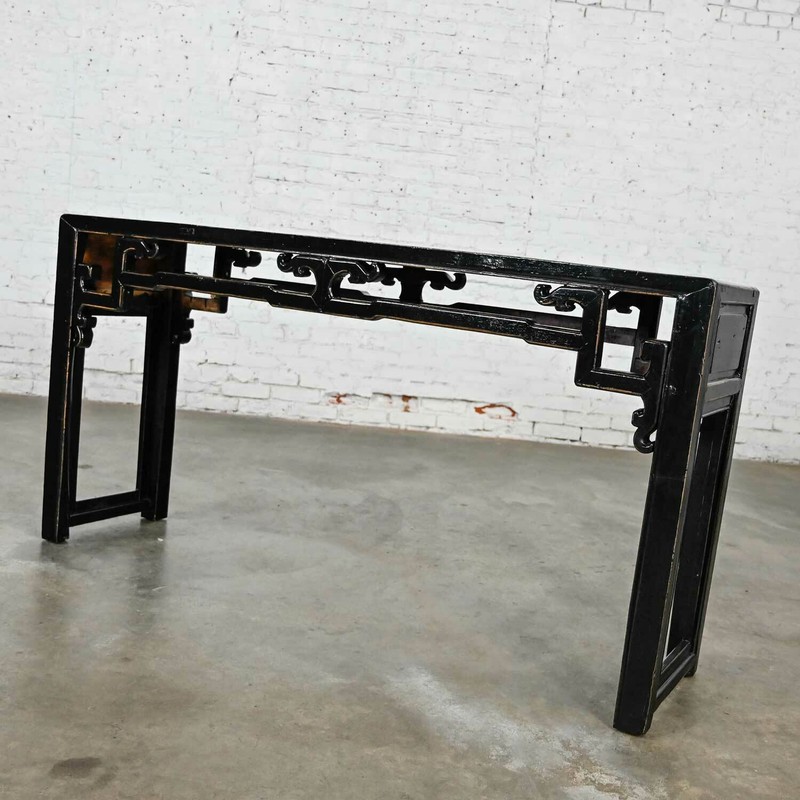 Asian Chinoiserie Distressed Black Finish Alter Style Sofa Console Table gallery