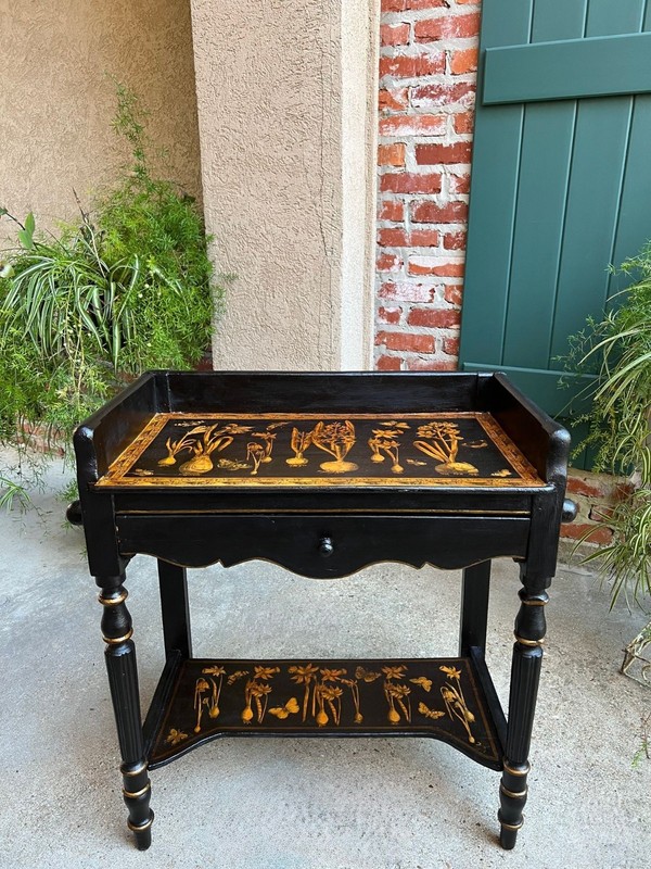 Antique English Sofa Side Table Decoupage Botanical Floral Black Gold c1890 gallery