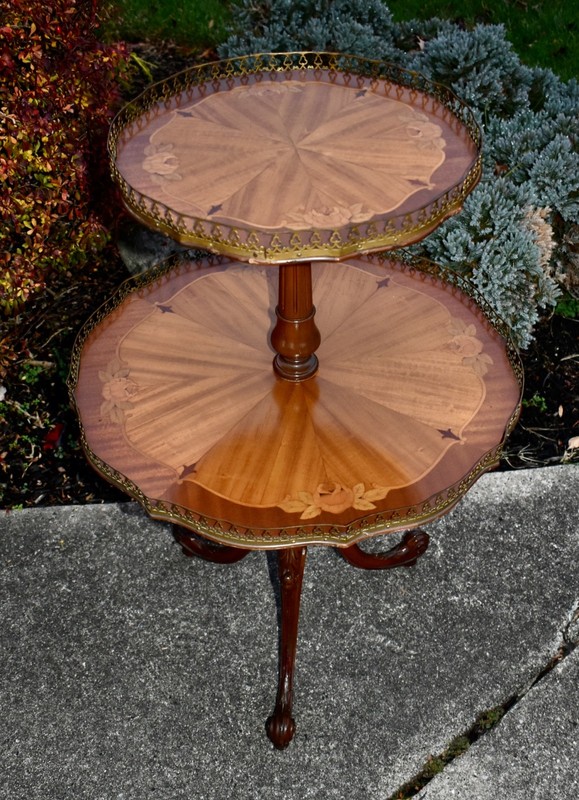 Vintage Two Tier Carved & Inlaid French Style Table w/Brass Gallery gallery