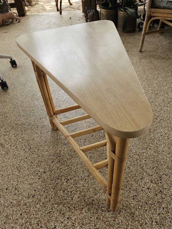 VTG CAL-ASIA Mid Century Tiki Beachy Bamboo BOHO Formica Triangle Accent Table gallery