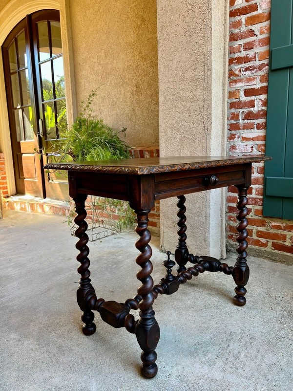Antique English Console Table Writing Desk Jacobean Barley Twist Carved Oak
