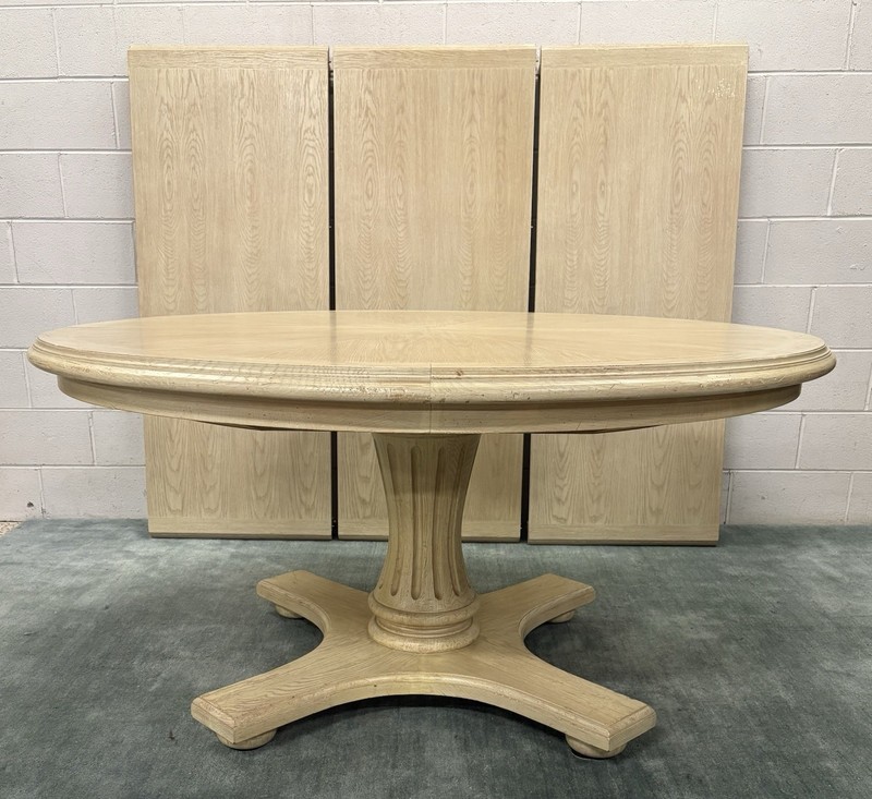 Interior Crafts Round Pedestal 132″ Dining Table Distressed Pickled Oak Finish