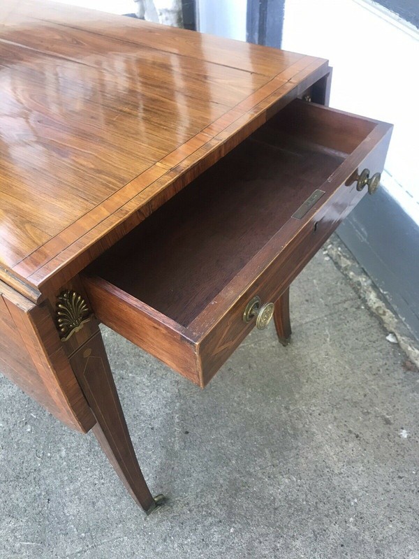 ANTIQUE EUROPEAN ROSEWOOD DROP LEAF SABRE LEG TABLE 2 DRAWER STAND gallery