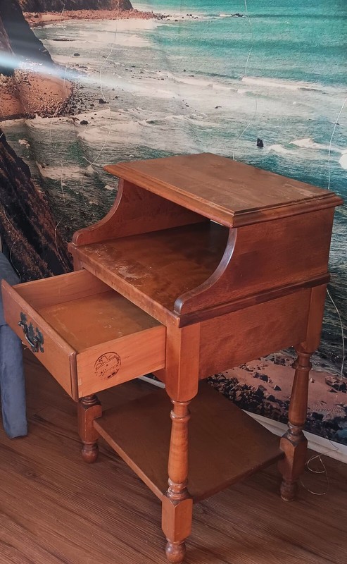 Unique Antique Oak Wood End Table From Heywood. Step Style 2 Tiers With Drawer gallery