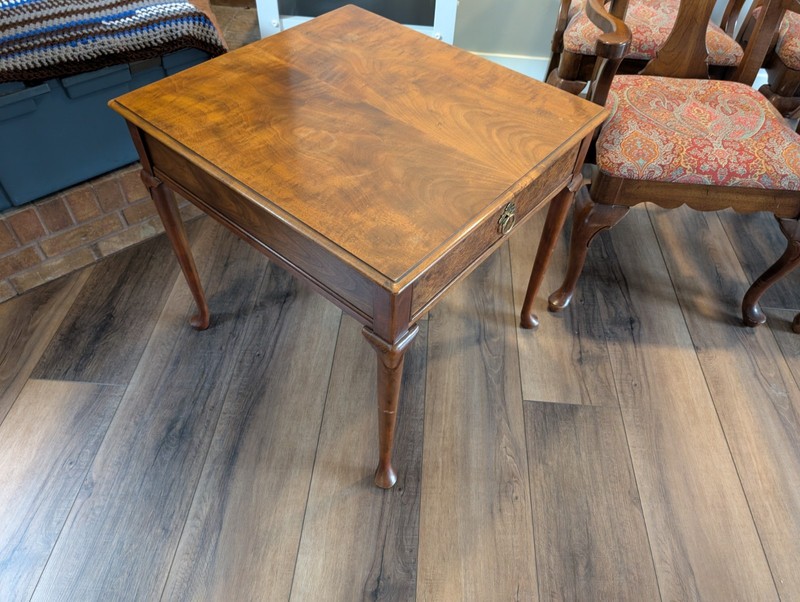 Queen Anne Antique Wood Side Table with Drawer and Brass Handle gallery