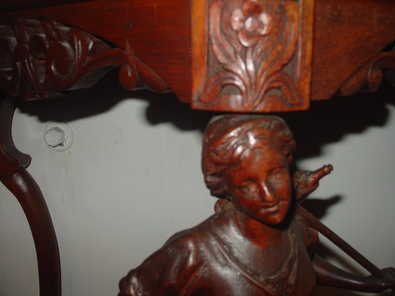 Antique Maiden Figural Parlor Table Wood Black Marble Top Triangle Shape gallery
