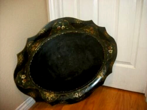 Victorian English HP Tole Tray Table Gilt Floral Green Black Huge Folding Legs gallery