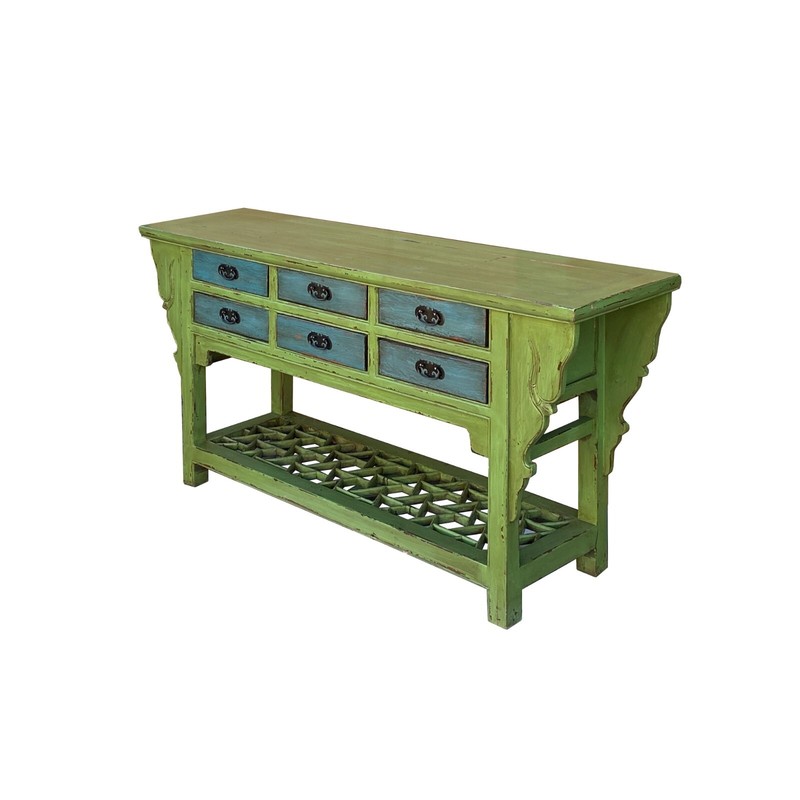 Distressed Lime Green 6 Blue Drawers Pedestal Sideboard Console Cabinet cs7823 gallery