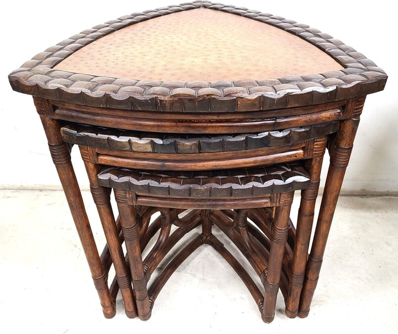 (3) Vintage Bamboo Rattan Coconut Shell Ostrich Nesting Tables gallery