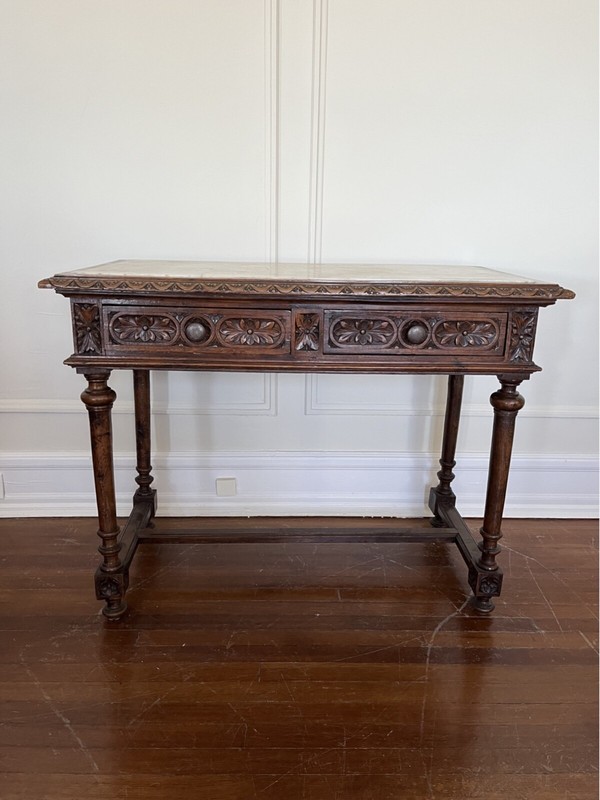 Antique French Renaissance Revival Craved Walnut And Marble Side Table Or Desk