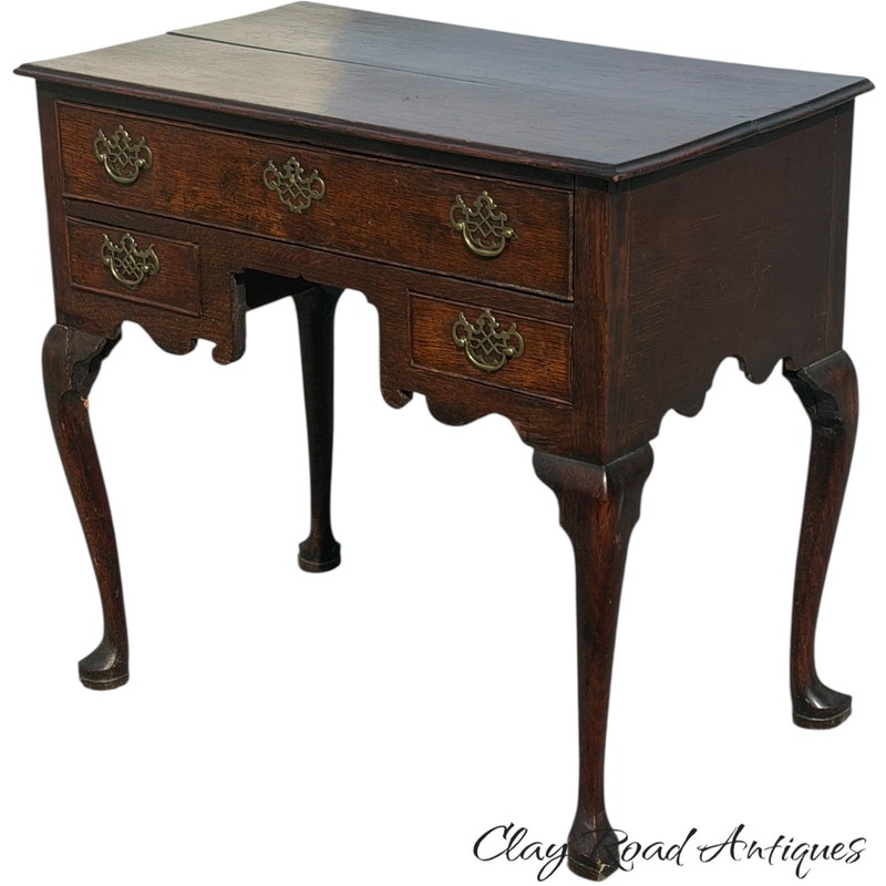 antique George II dressing table low boy oak old finish 3 drawer Queen Anne gallery